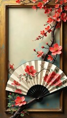 Exquisite hand fan, blossoms, gilded frame, aged patina, art, old