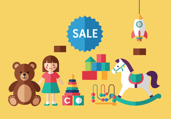 Toy Sale with Teddy Bear Doll Blocks Horse and Rocket.