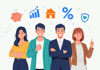 Collaborative financial future planning diverse individuals secure savings, investments, housing, and protection goals