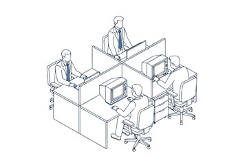 Vector illustration of a shared office workspace with employees focused on their tasks in cubicles