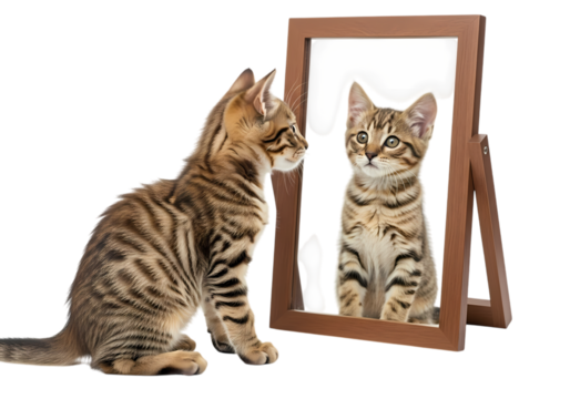 Adorable kitten admires its reflection in the mirror
