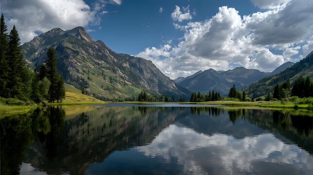 Serene mountain range mirrored in still lake surface, fluffy clouds slowly moving overhead, peaceful natural atmosphere