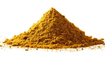 Pile of vibrant yellow curry powder isolated on transparent background, closeup