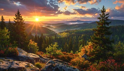 A breathtaking landscape photo, a brilliant sunrise casts a golden glow over forested hills and valleys under a cloudy sky