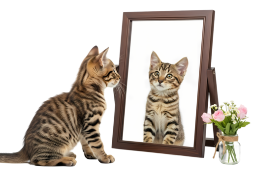 Adorable kitten gazes admiringly at its reflection