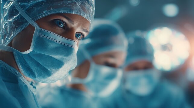 In a modern operating room, a surgeon and medical team diligently perform a surgical procedure, showcasing their expertise and concentration. The skilled healthcare professionals w