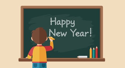 Young Boy Writing Happy New Year on a Green Chalkboard with Chalk.