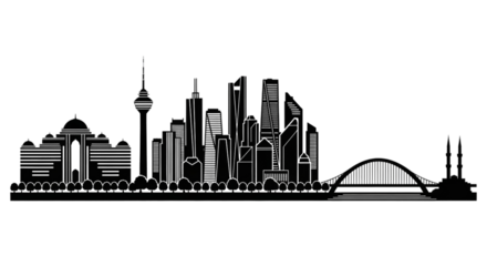 Black silhouette of a modern city skyline with skyscrapers, a tower, a domed building, and a bridge, set against a transparent background