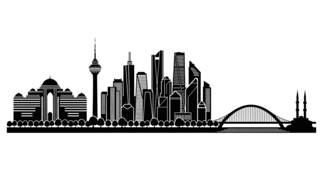 Black silhouette of a modern city skyline with skyscrapers, a tower, a domed building, and a bridge, set against a transparent background