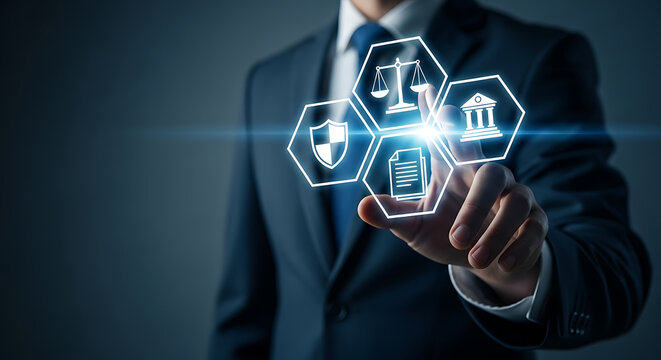 Businessman in suit touching virtual icons representing law, security, government, and contracts.