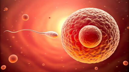Sperm cell approaching an egg cell in a vibrant red and orange microscopic environment with other cells