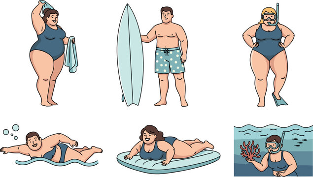 Plus-size people enjoying summer beach activities and water sports
