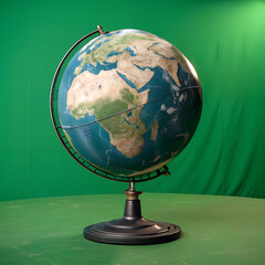 A globe showing africa and the middle east against a green background in a studio setting