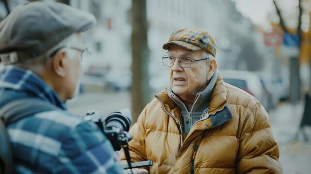 Two elderly men in jackets converse outdoors on cold day