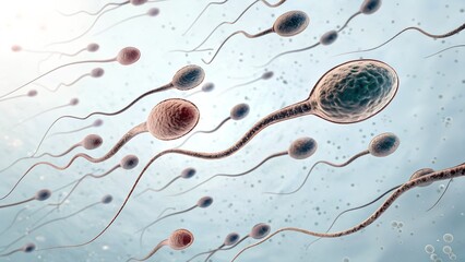 A microscopic view showing many sperm cells swimming in a fluid environment with a light blue background