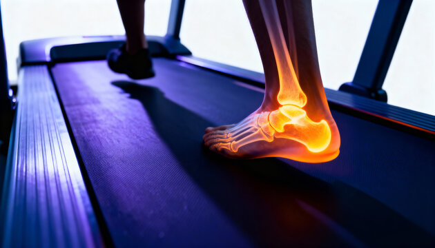 Foot on a treadmill with visible bones highlighting foot health suitable for medical and fitness content