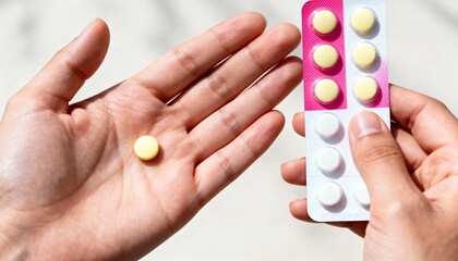 Hand holding a yellow pill blister pack of medication pharmaceutical product for health and wellness