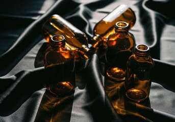 Empty amber glass bottles on dark fabric with dramatic light