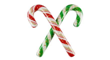 Two classic red and white striped candy canes with green stripes, crossed and isolated on a transparent background