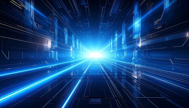 A futuristic tunnel with bright blue neon lights leading to a brilliant white light. A digital, technological feel