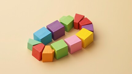 Obraz premium A neatly arranged spiral pattern of colorful wooden cubes on a soft beige background.