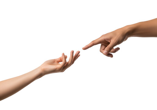 Two human hands reaching towards each other with fingertips almost touching isolated on a transparent background