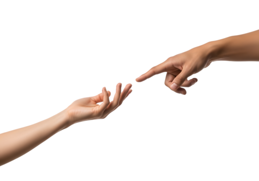 Two human hands reaching towards each other with fingertips almost touching isolated on a transparent background
