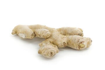 Isolated ginger root on bright white background, showing fibrous texture and natural shape.