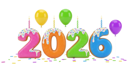 The year 2026 represented by colorful, frosted, candlelit number cakes with balloons and confetti, isolated on a transparent background