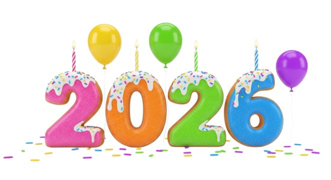 The year 2026 represented by colorful, frosted, candlelit number cakes with balloons and confetti, isolated on a transparent background