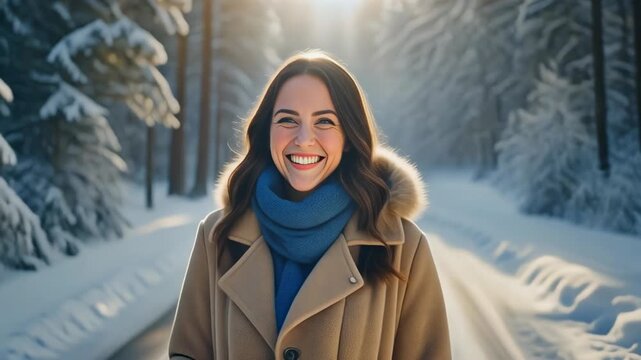 Smiling woman wearing a winter coat and scarf standing on a snowy road in a forest happy portrait