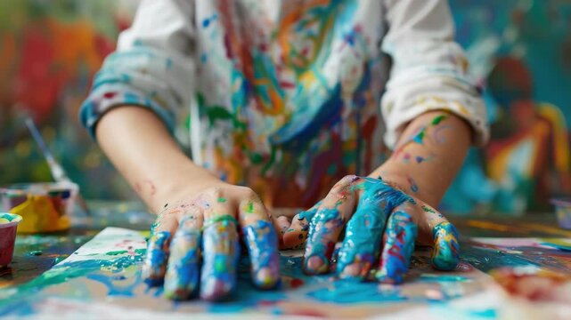 Close-up of hands covered in vibrant paint over colorfully splattered surface