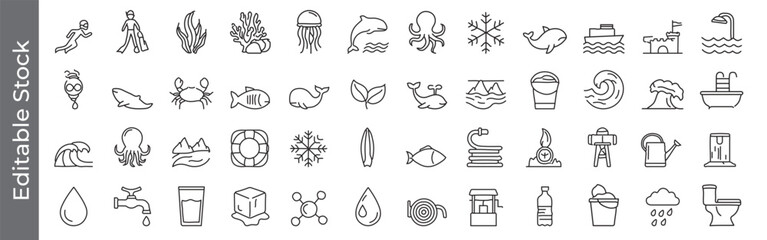 Marine Life, Water, Weather, Environment, Sea, ocean, and water life line icon set – editable outline symbols of fish, crab, dolphin, octopus, wave, and swimming