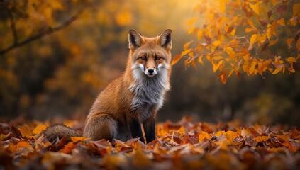 Red Fox Sitting in Colorful Autumn Leaves Under Warm Golden Light in a Peaceful Forest Scene