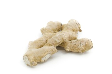 Whole ginger root isolated on clean white, highlighting its rugged and organic exterior.
