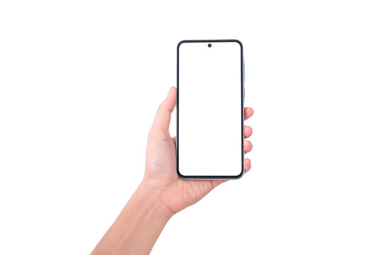 Close-up of hand showing blank smartphone screen isolated on transparent background Suitable for technology, marketing, product placement and advertising concepts
