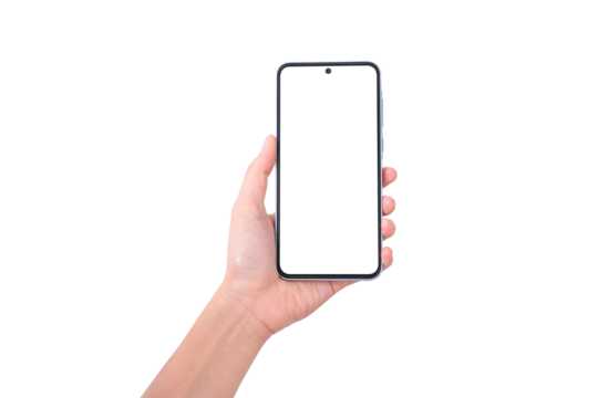 Close-up of hand showing blank smartphone screen isolated on transparent background Suitable for technology, marketing, product placement and advertising concepts