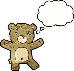 Cute teddy bear with a thought bubble looking upwards with curiosity and wonder.