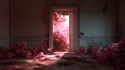 The aesthetic style and eye level perspective of Surrealism. In an abandoned classical building of a suburban manor, pink flowers are planted everywhere on the muddy ground
