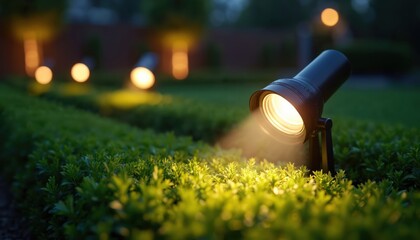 Dark garden features bright led spotlight illuminating rich green bushes. Focused beam highlights specific foliage creating dramatic effect. Outdoor lighting solution enhances landscape design, adds