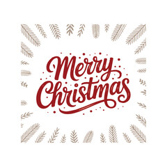 Red Merry Christmas script text with beige pine branch border holiday greeting