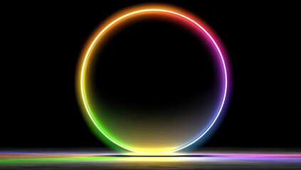 Obraz premium Illuminated rainbow ring, glowing on a dark backdrop, reflecting on a surface
