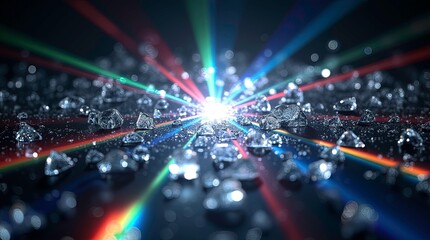 Obraz premium Close-up render of shattered glass pieces arranged on a reflective dark surface illuminated by vibrant neon lights like rainbows. AI Generative