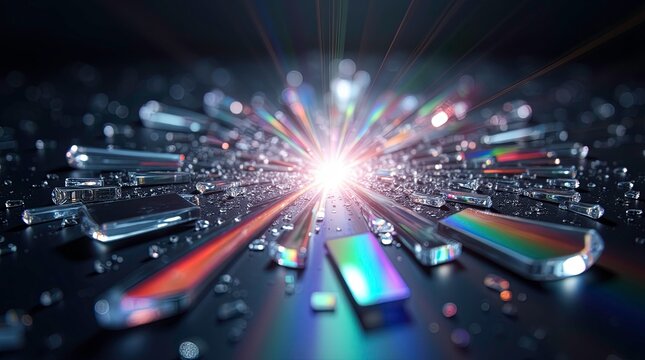 Close-up render of shattered glass pieces arranged on a reflective dark surface illuminated by vibrant neon lights like rainbows. AI Generative