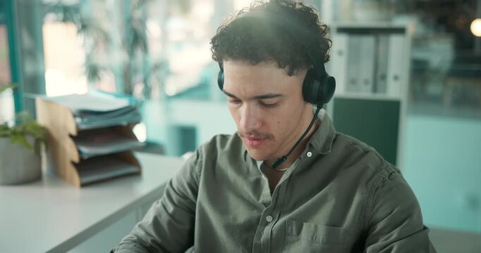 Laptop, contact us and man in call center for help desk, language translation and customer service. Computer, headset and agent talking to client for advice, multilingual support or feedback with crm