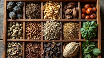 A rustic wooden drawer organizer filled with various dried herbs, spices, seeds, and botanicals neatly contains different natural textures and earthy colors.