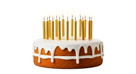 Two layer round cake with white icing and many lit gold birthday candles isolated on a transparent background
