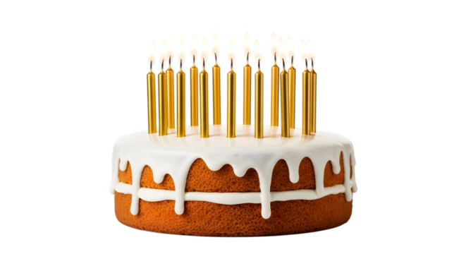 Two layer round cake with white icing and many lit gold birthday candles isolated on a transparent background - Powered by Adobe