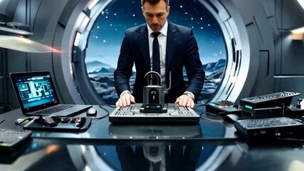 Businessman in suit secures data with a padlock in a futuristic space station, symbolizing advanced cybersecurity and digital protection. - Powered by Adobe