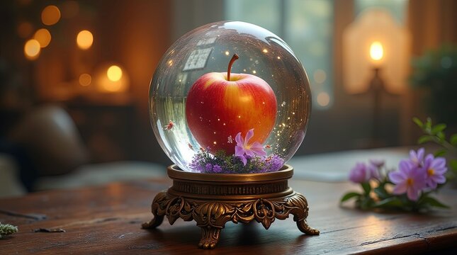 Magical still life featuring: A large red and yellow apple enclosed inside a crystal-clear glass globe that resembles an ornate snow globe or aquarium.